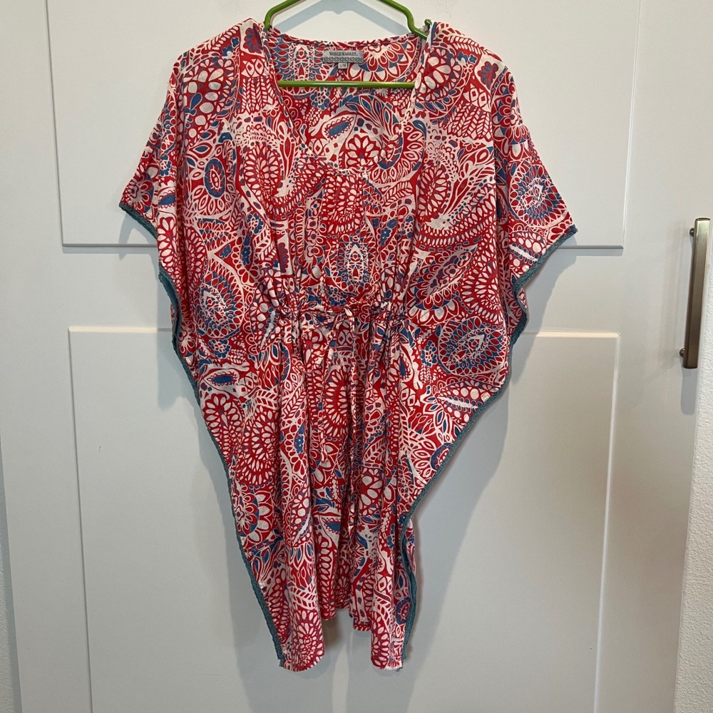 World Market Tunic Cover Up Red White Blue Floral‎ Paisley Print Womens S/M OS